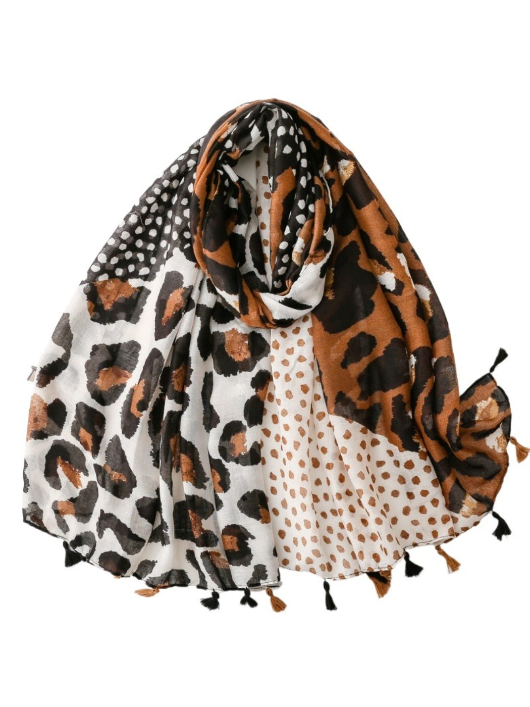 Leopard spot fringe wrap displayed flat showing full pattern and fringe edges