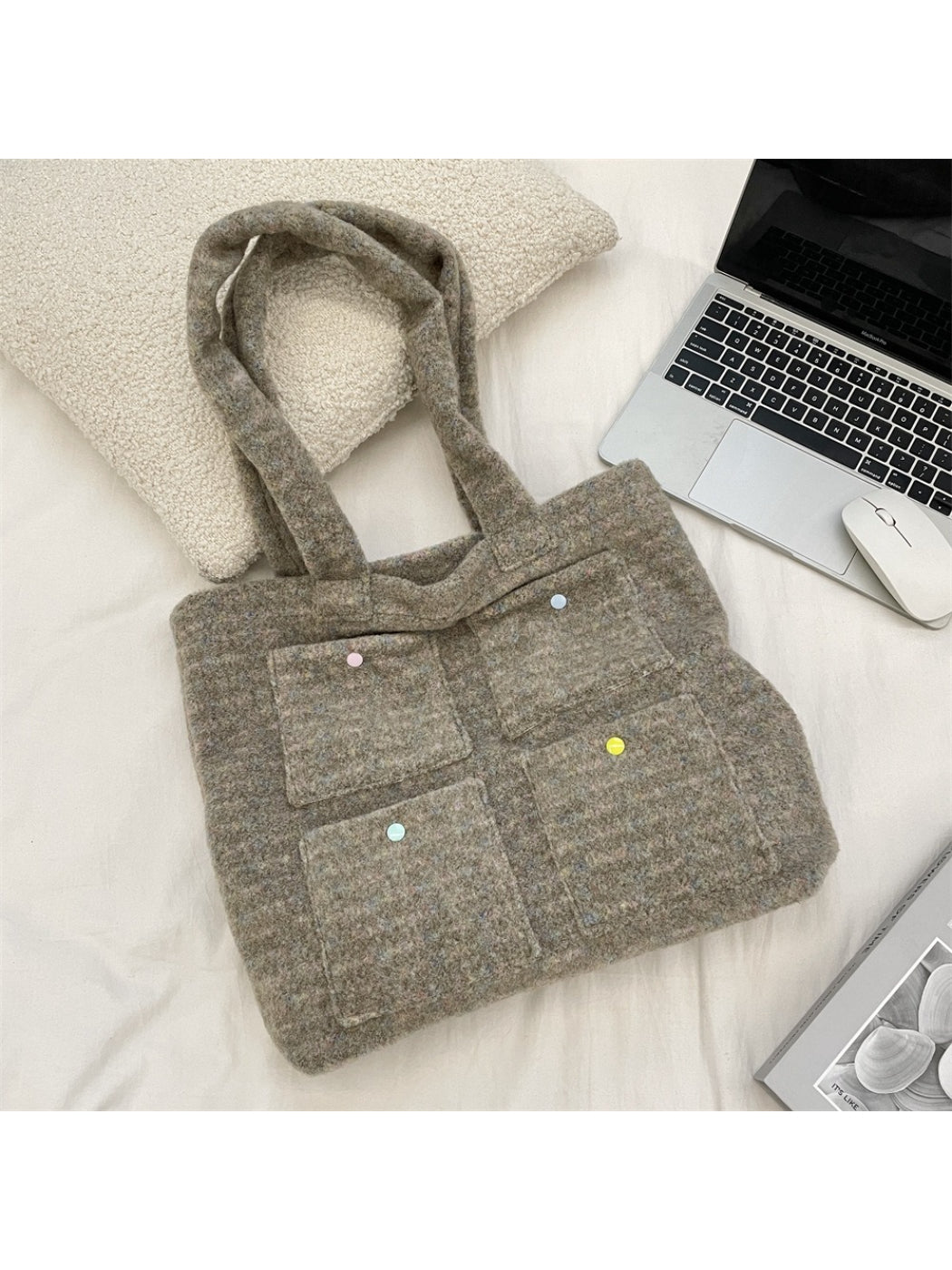 Cosbai - Soft Plush Tweed Handbag Tote Bag