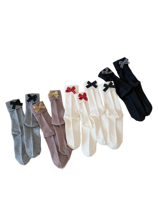 Rufia - Colorblock Bow Accent Ribbed Solid Color Crew Socks