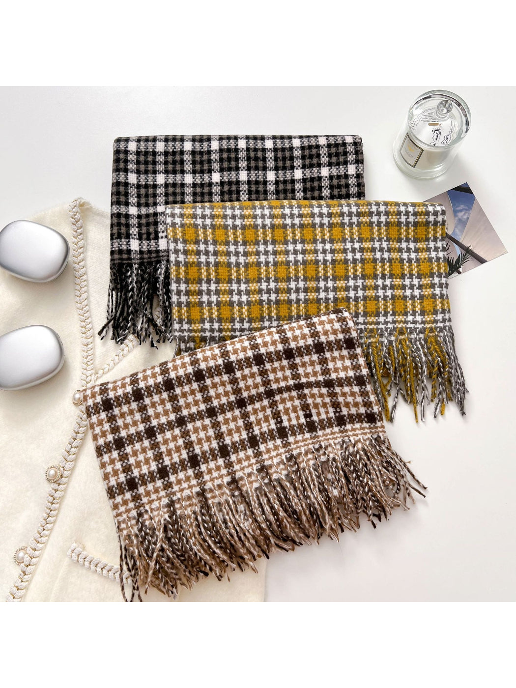 Scarvii - Retro Micro Plaid Fringe Winter Scarf