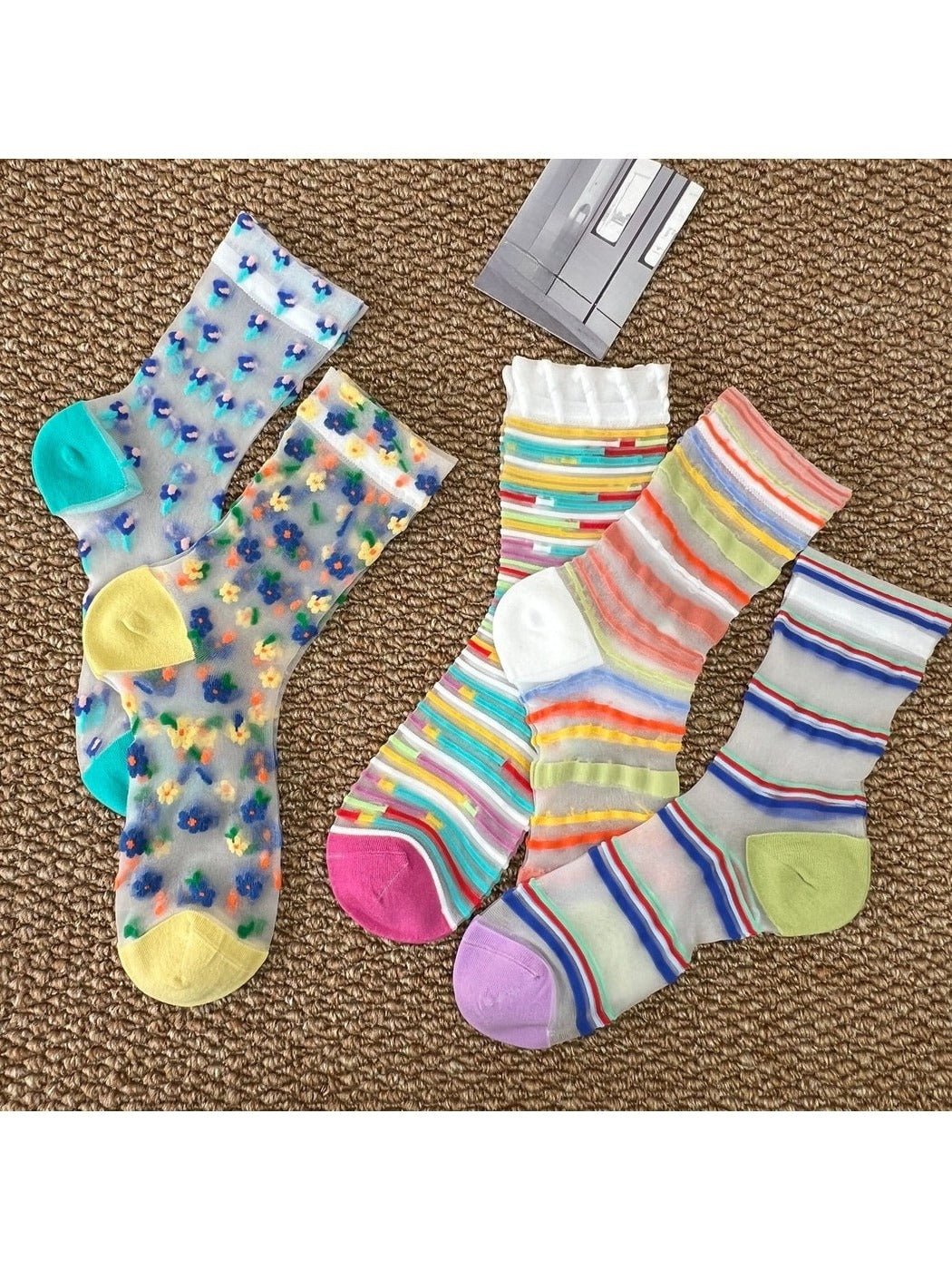 Rufia - Colorful Sheer Floral Stripe Crew Socks