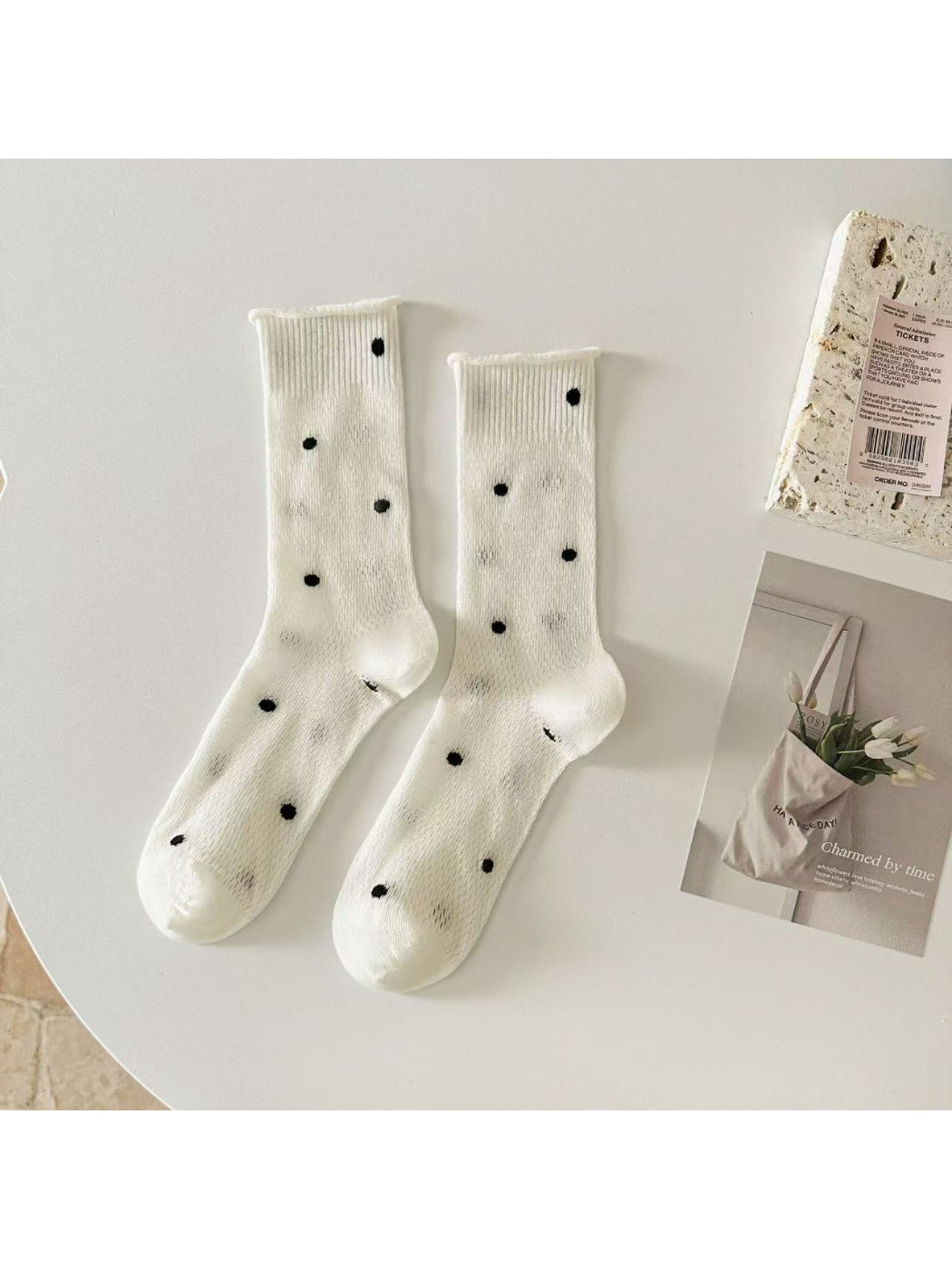 Rufia - Classic Dotted Mesh Knit Crew Socks