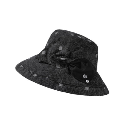 Close-up of bow on Haila polka dot brim hat with visible stitching