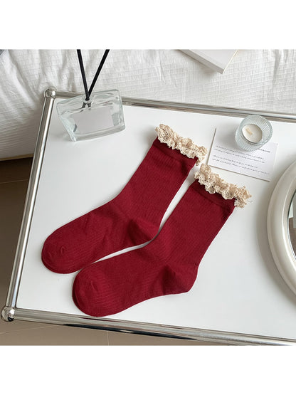 Rufia - Solid Color Ribbed Lace Trim Crew Socks
