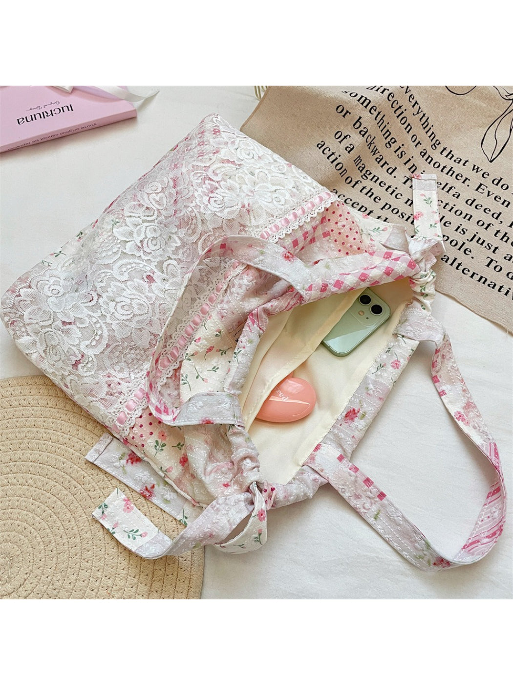 Cosbai Romantic Lace Patchwork Shoulder Tote open showing interior lining and spacious