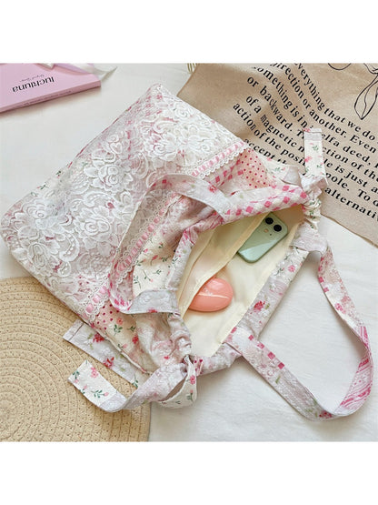 Cosbai Romantic Lace Patchwork Shoulder Tote open showing interior lining and spacious