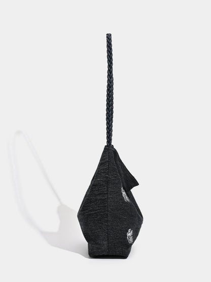 Cosbai - Black Single-shoulder Denim Bag with Sequin Decorations