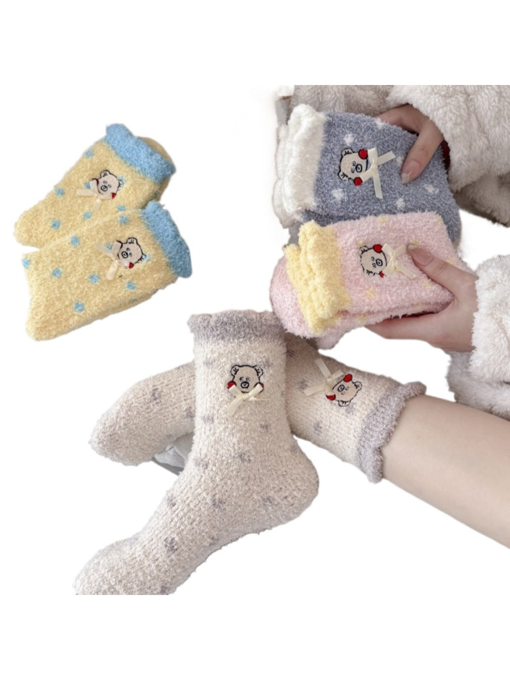Rufia - Embroidered Cartoon Face & Ribbon Bow Crew Socks