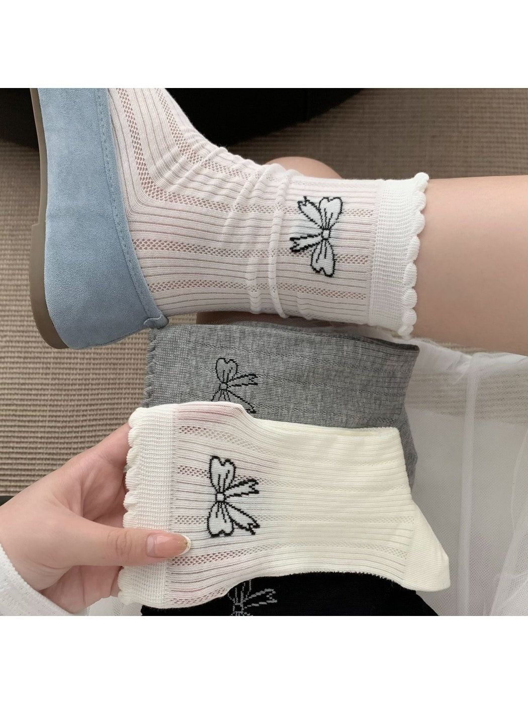 Rufia - Ribbed Mesh Bow Pattern Crew Socks