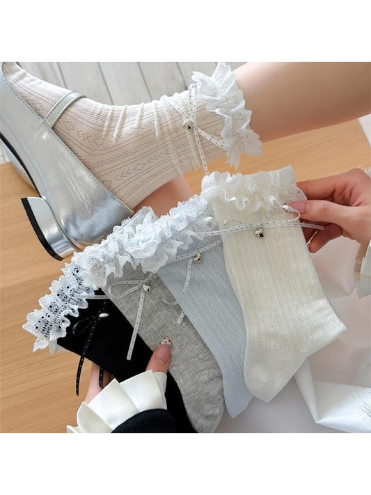 Rufia - Lace Ruffles Trim Bow Detail Crew Socks