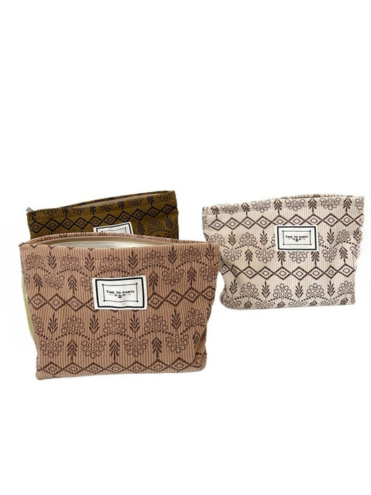 Cosbai - Fabric Geometric & Floral Print Pouch Bag with Zipper