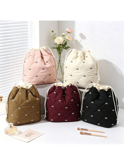 Cosbai - Bow Detail Quilted Drawstring Makeup Bag