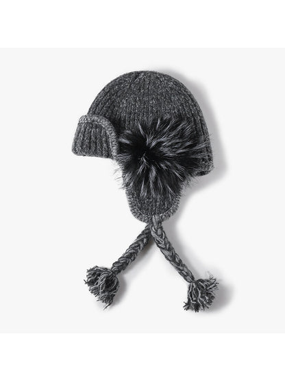 Haila - Braided Pom Earflap Knit Balaclava Hat