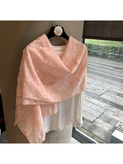 Scarvii - Floral Embroidered Lace Trim Shawl Scarf