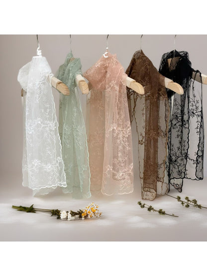 Scarvii - Floral Embroidered Solid Lace Long Scarf