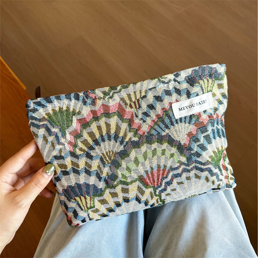 Cosbai - Embroidered Fan Pattern Makeup Bag - Vintage & Practical