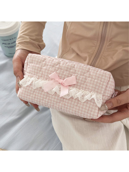 Top view of Cosbai gingham cosmetic pouch showing
