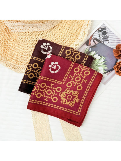 Scarvii - Retro Floral Print Colorblock Square Scarf
