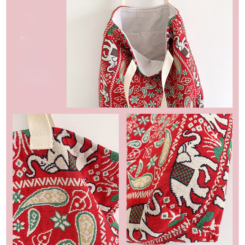 Vintage Bohemian Style Red Elephant Embroidery Tote Bag