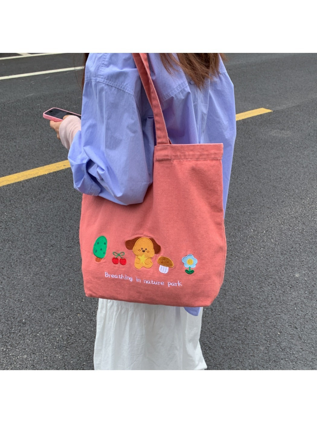 Cosbai - Denim Embroidery Tote Bag for Women