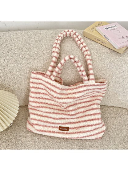 Cosbai - Soft Striped Fuzzy Shoulder Tote Bag