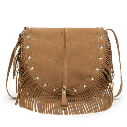 Cosbai - Vintage Brown Studded Fringe Saddle Bag