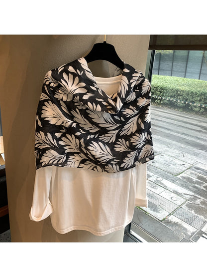 Scarvii - White Leaves Print Rectangular Scarf