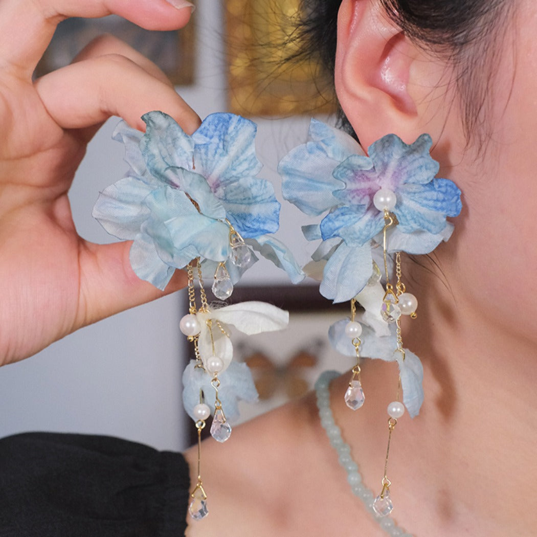 Earwish - Elegant Ocean Blue Floral Long Fringe Earrings