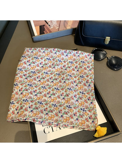 Scarvii - Allover Floral Print Tassel Square Scarf