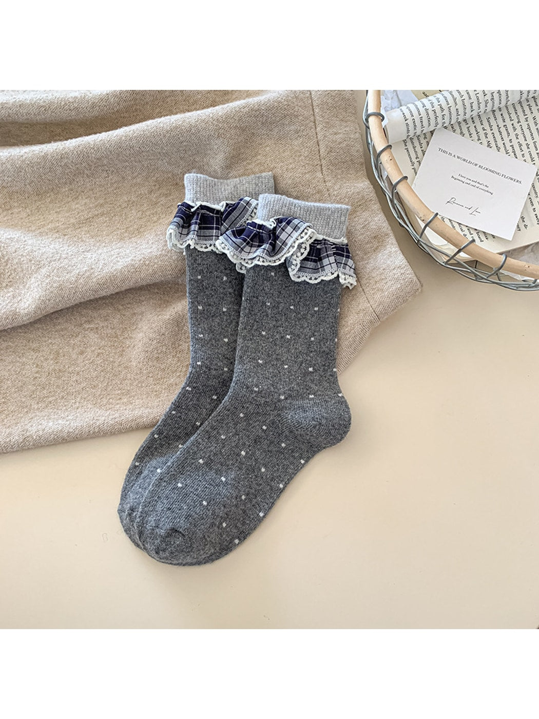 Rufia - Polka Dot Lace Ruffle Trim Crew Socks