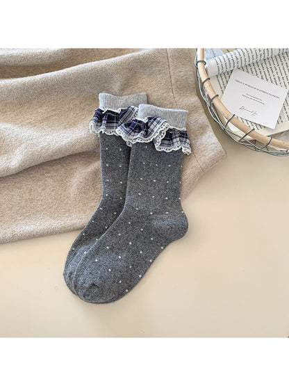 Rufia - Polka Dot Lace Ruffle Trim Crew Socks