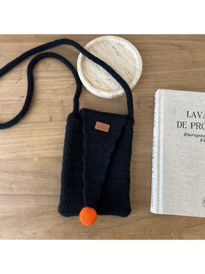 Cosbai - Pointed Flap Knit Crossbody Bag with Pom Pom