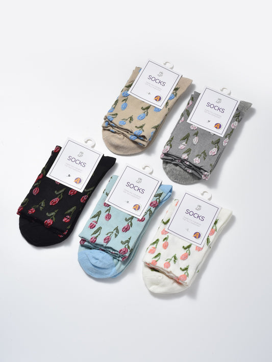 Rufia - Embossed Tulip Pattern Mid-Calf Socks