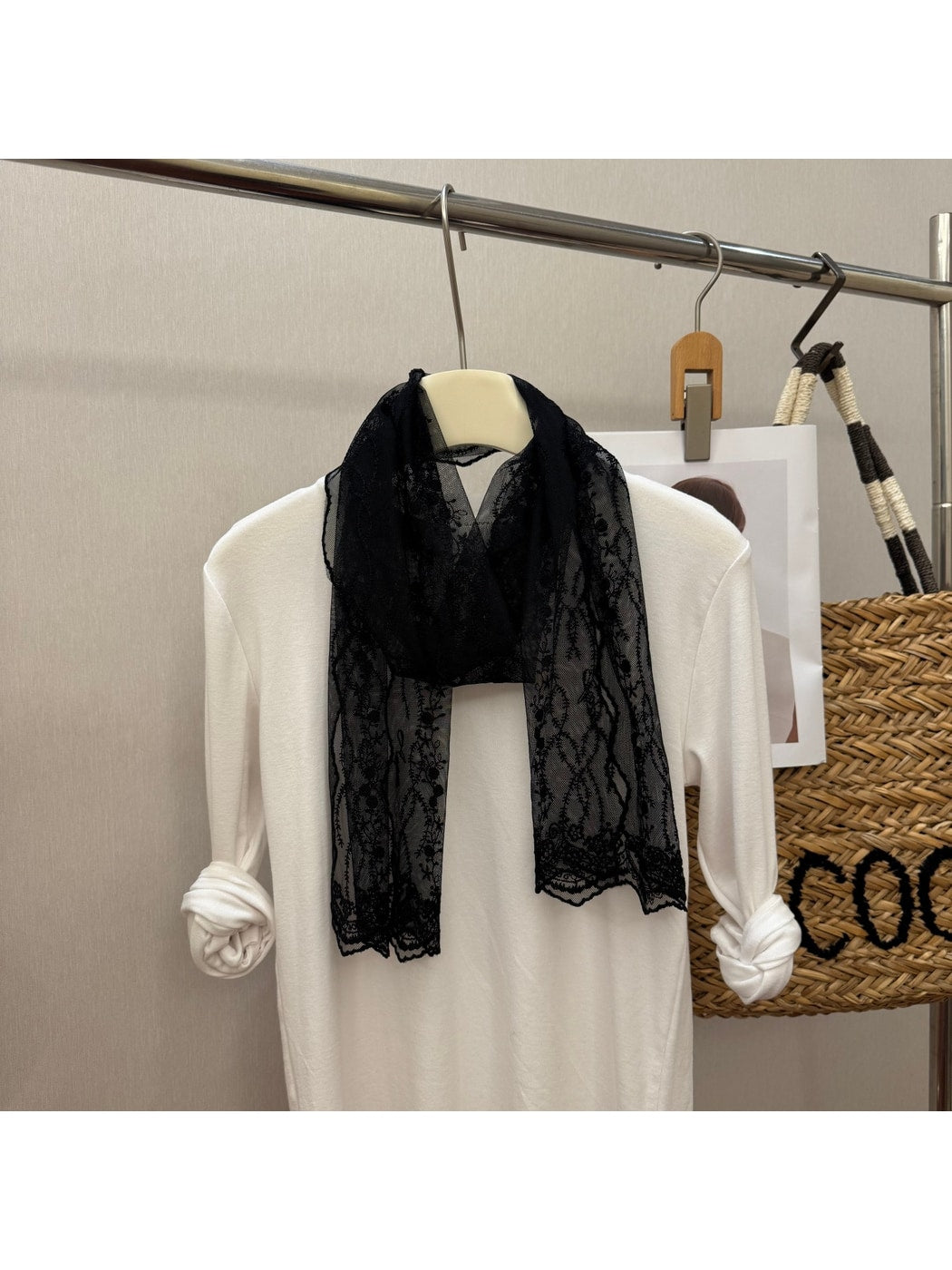 Scarvii - Floral Embroidered Lace Detail Long Scarf