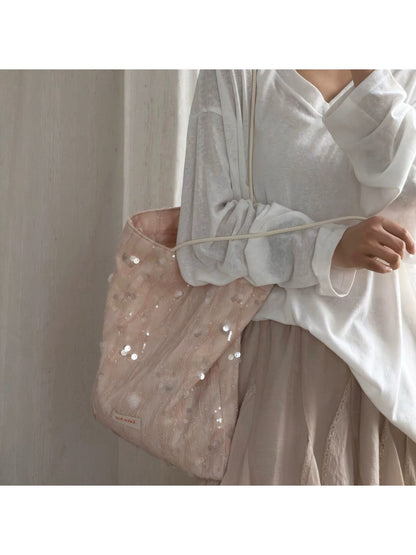 Cosbai - Pink Sequined Wavy Texture Tote Bag