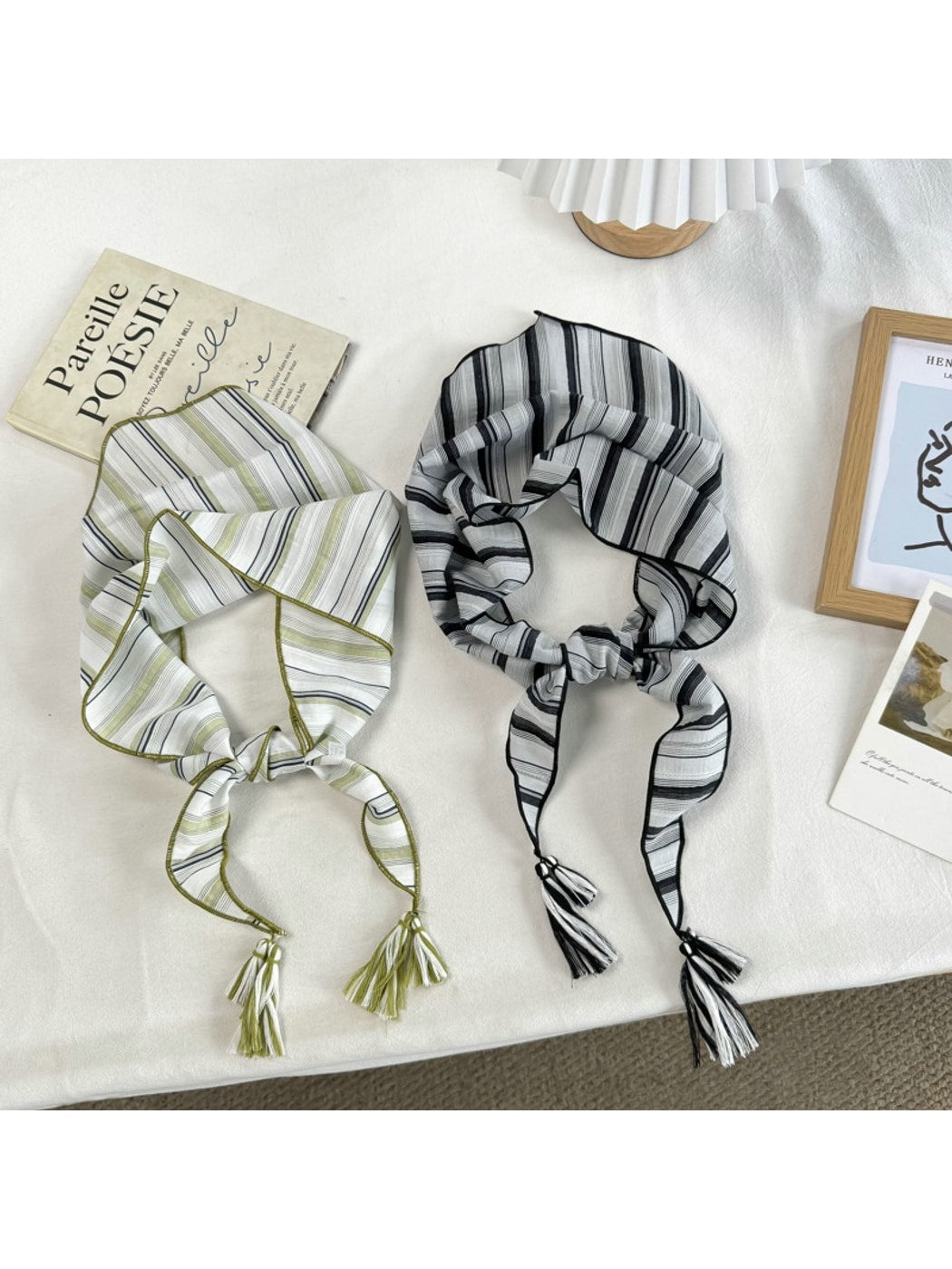 Scarvii - Striped Pattern Tassel Detail Triangle Scarf