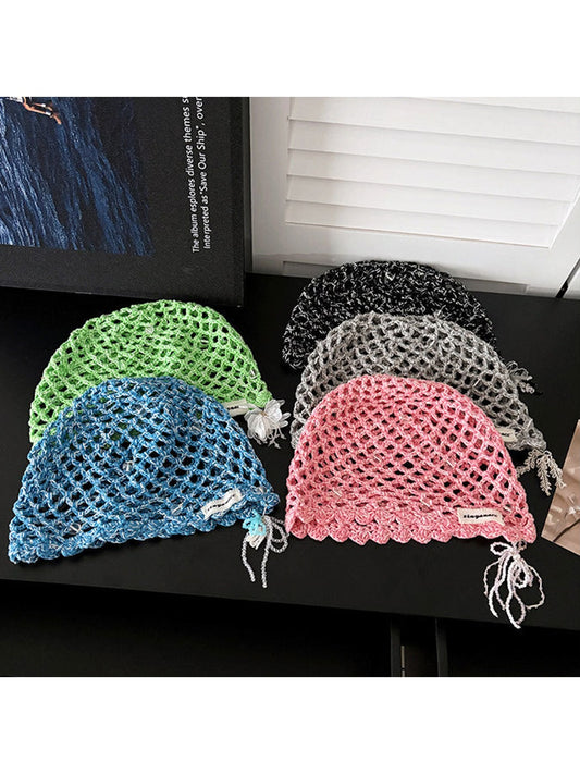 Haila - Solid Color Foldable Hollow Out Knit Beanie