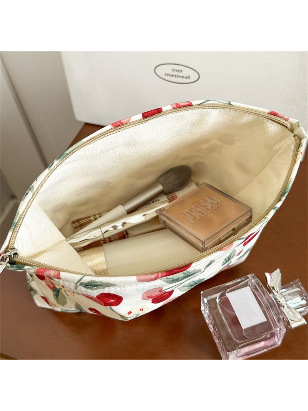 Cosbai Sweet Cherry Makeup Pouch open, showing spacious interior for cosmetics