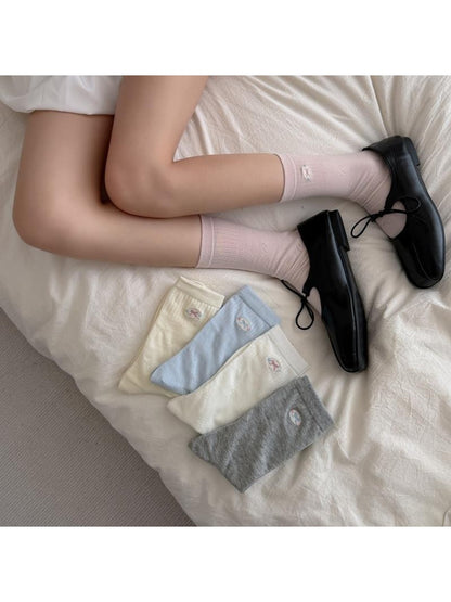 Rufia - Bow Embroidered Solid Color Crew Socks