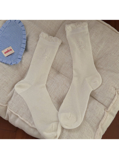 Side view of Rufia minimal animal crew socks highlighting the animal face near the ankle