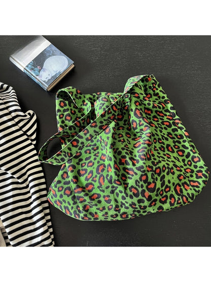 Cosbai Neon Leopard Slouch Tote Bag front view with neon leopard print and black handles