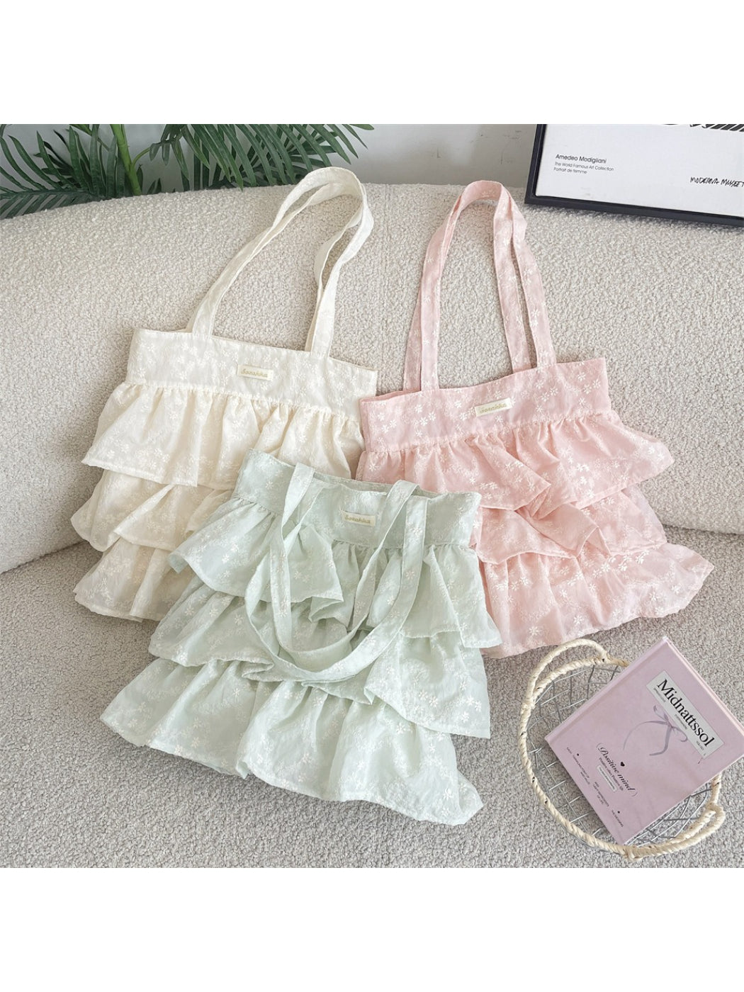 Cosbai Romantic Tiered Ruffle Tote Bag front view with layered ruffle design
