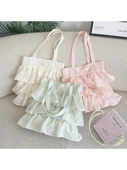 Cosbai Romantic Tiered Ruffle Tote Bag front view with layered ruffle design