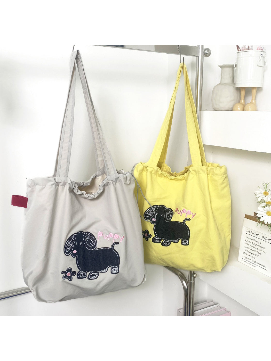 Close-up of puppy face detail on Cosbai Cute Puppy Slouchy Shoulder Bag