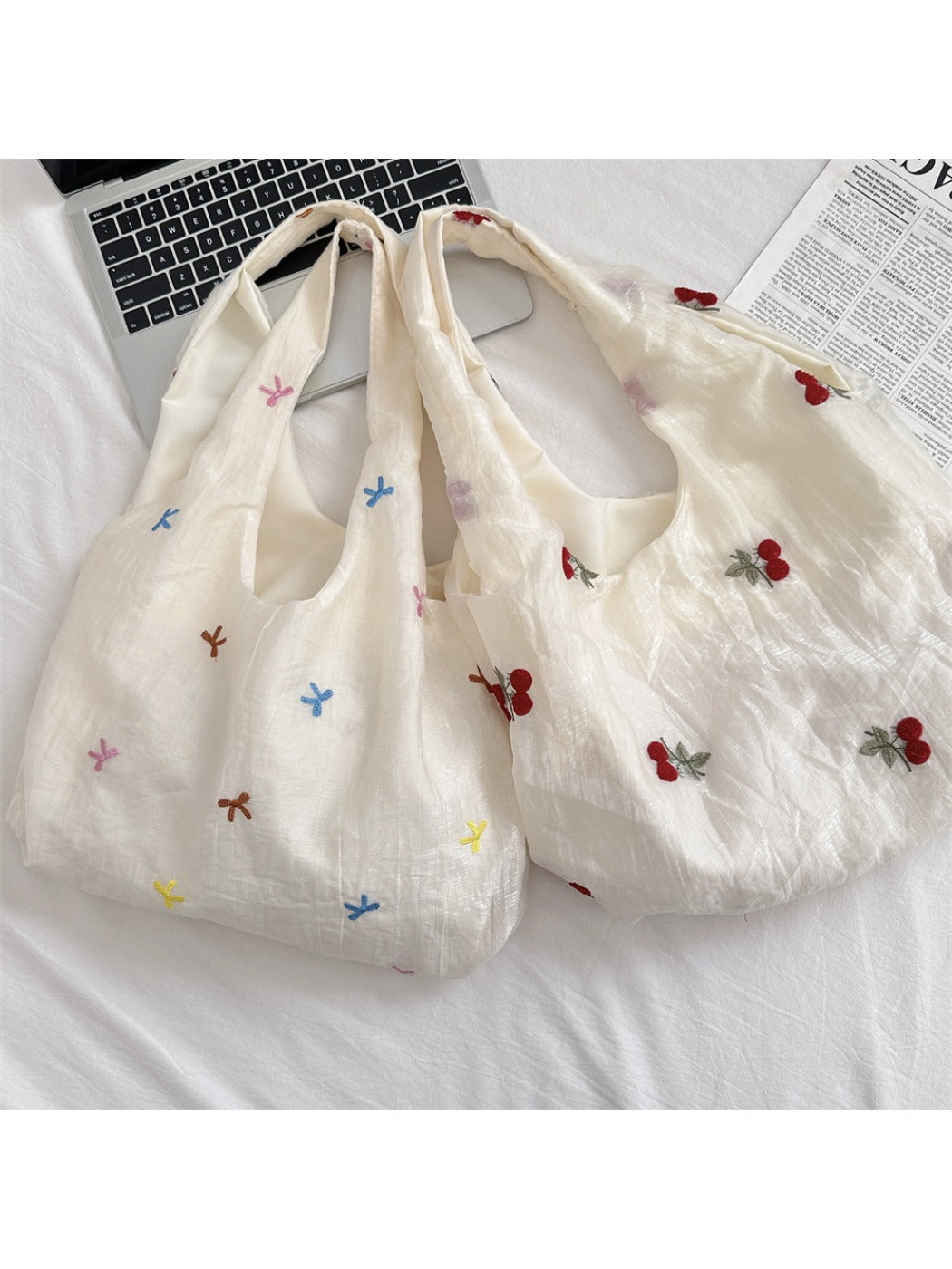 Cosbai – Cherry & Bow Embroidered Sheer-Outer Tote Bag
