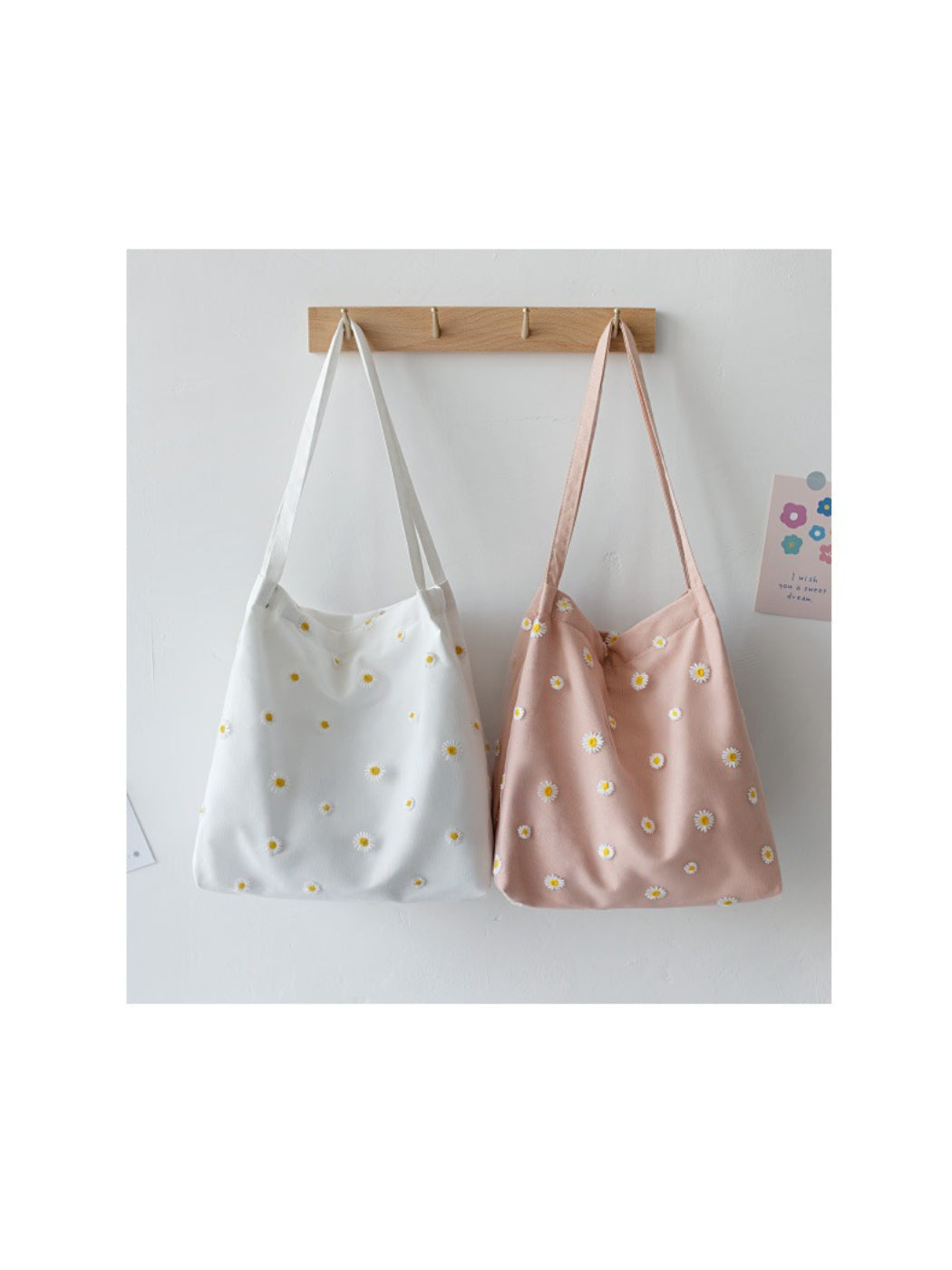 Cosbai - Daisy Embroidery Soft Shoulder Tote Bag
