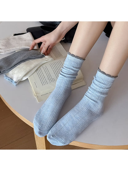 Rufia - Contrast Ruffle Trim Casual Crew Socks