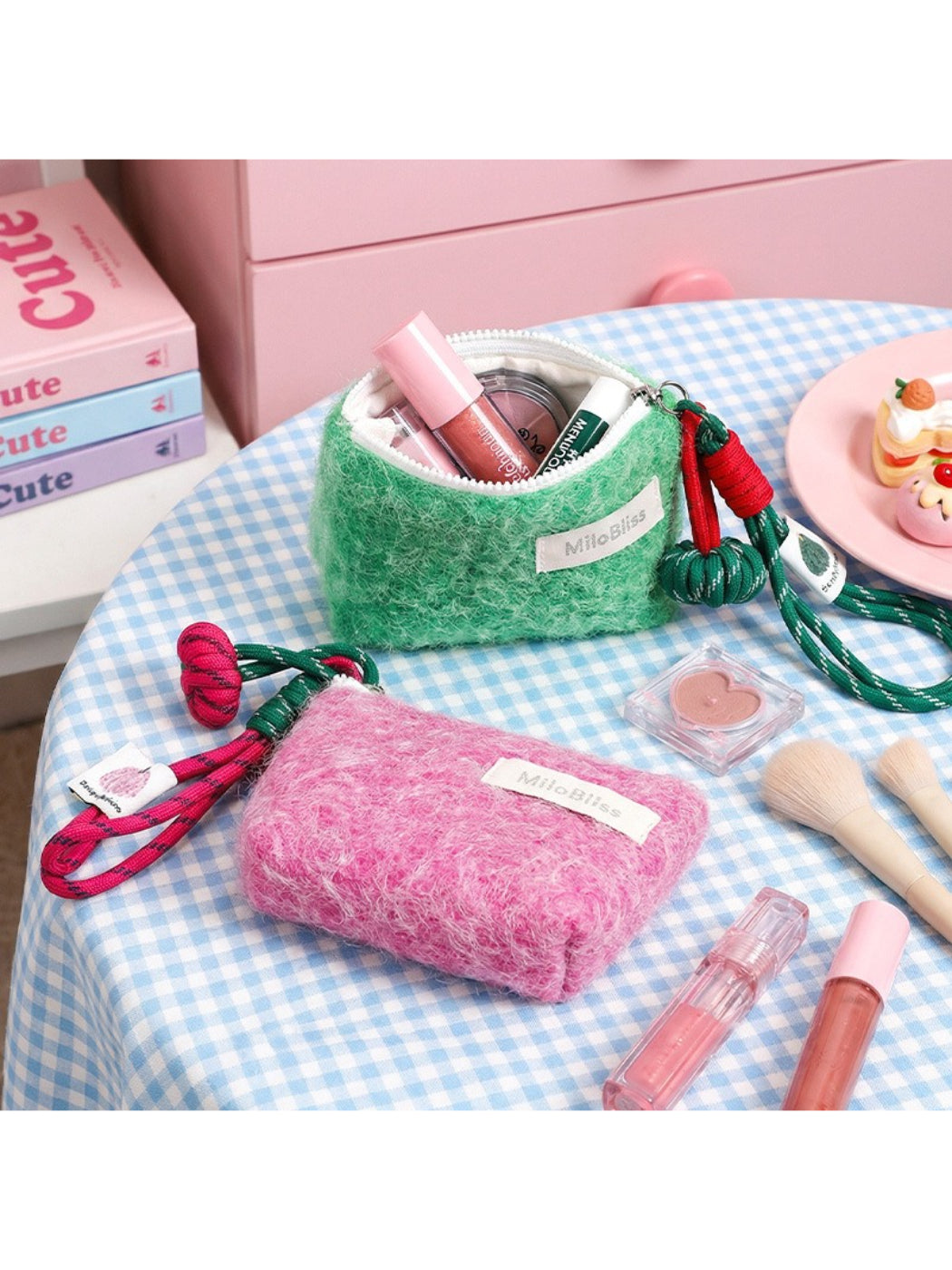 Close-up of Cosbai fluffy mini pouch showing texture and wrist cord detail