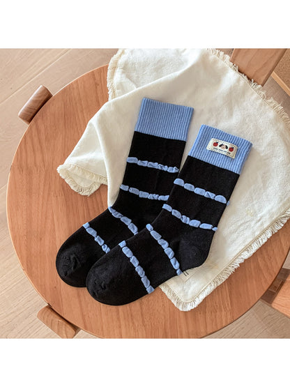 Rufia - Bubble Striped Mid-Calf Socks with Cartoon Label