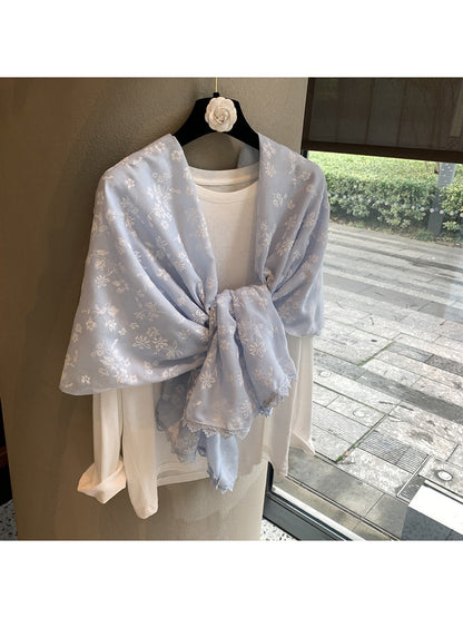 Scarvii - Floral Embroidered Lace Trim Shawl Scarf
